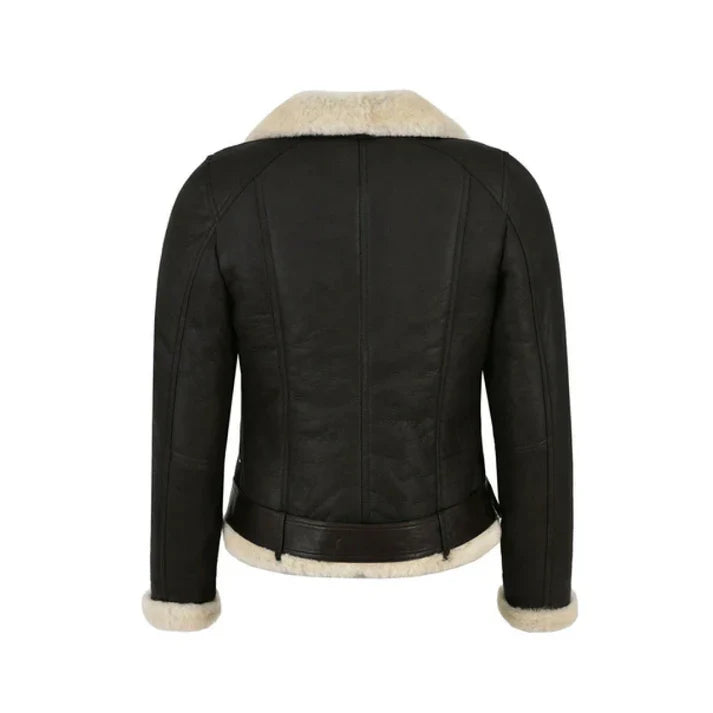 Women Black Genuine Faux Shearling Biker Leather Jacket image 1