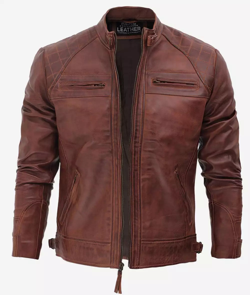 Men's Brown Quilted Cafe Racer Leather Jacket image 1