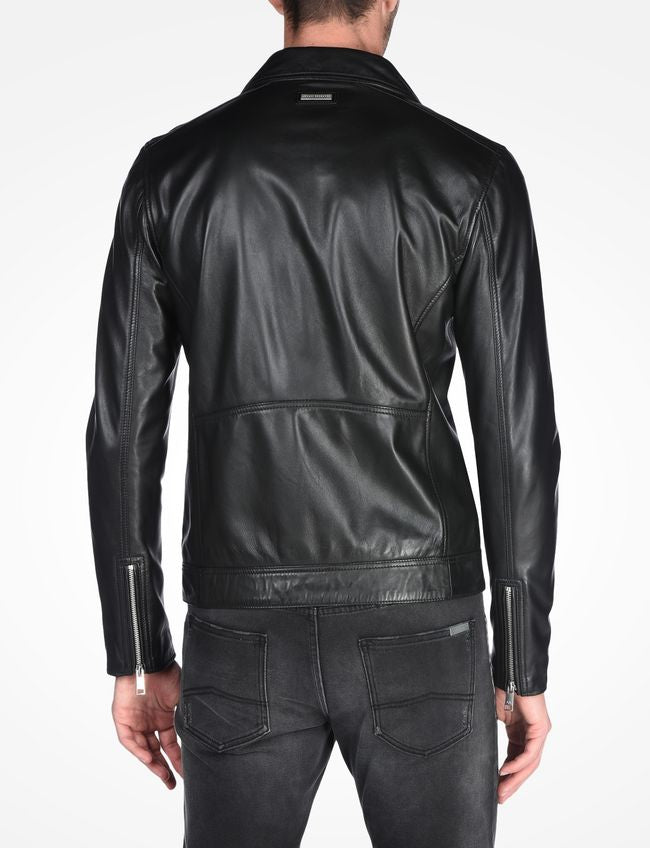 Black Sheepskin Leather Moto Jacket Men image 2