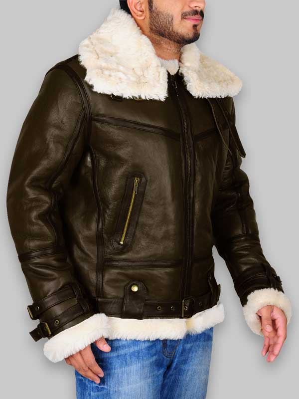 WWII B3 Bomber Men Army Green Shearling Jacket image 2