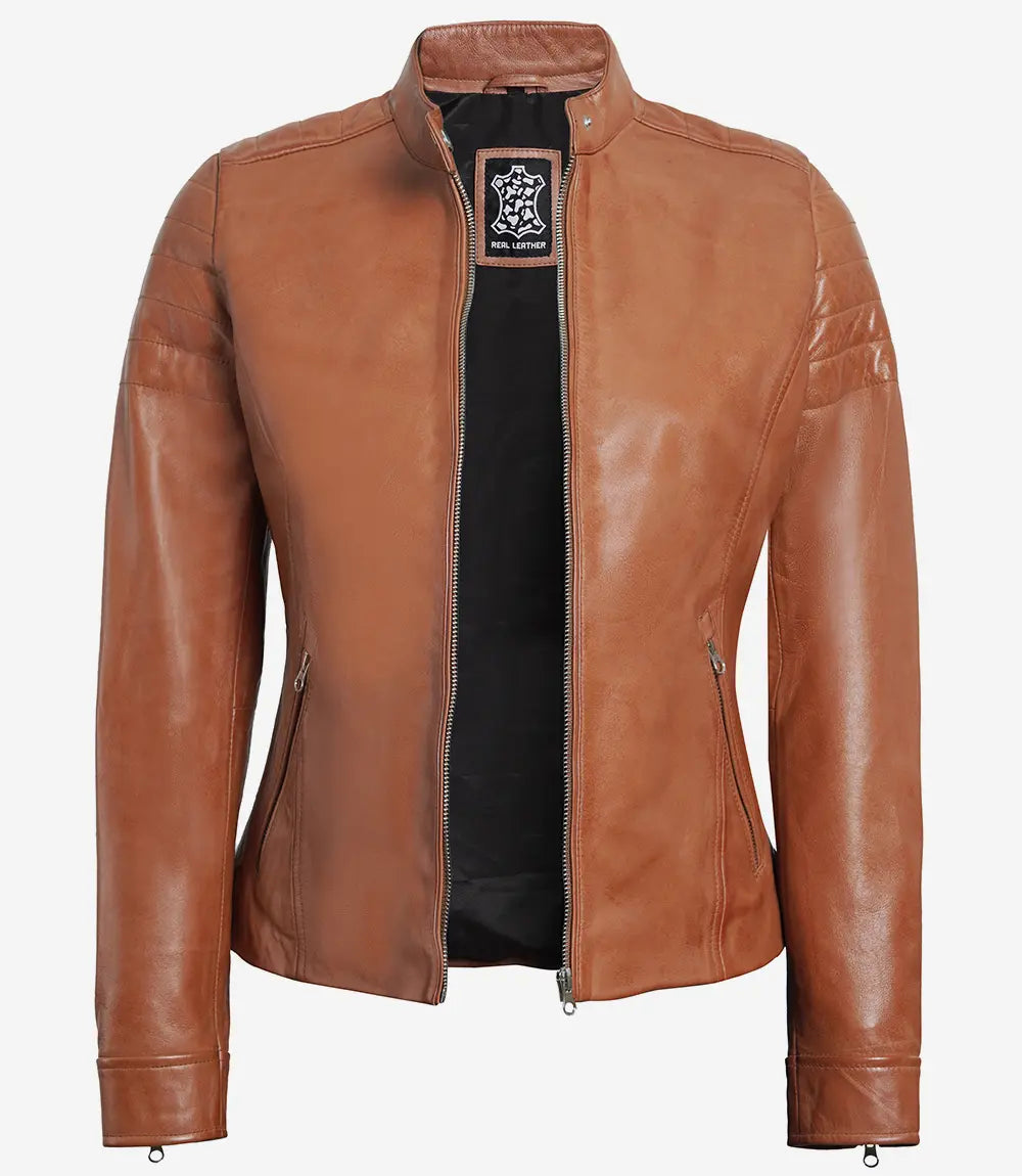 Women's Tan Real Lambskin Biker Leather Jacket image 1