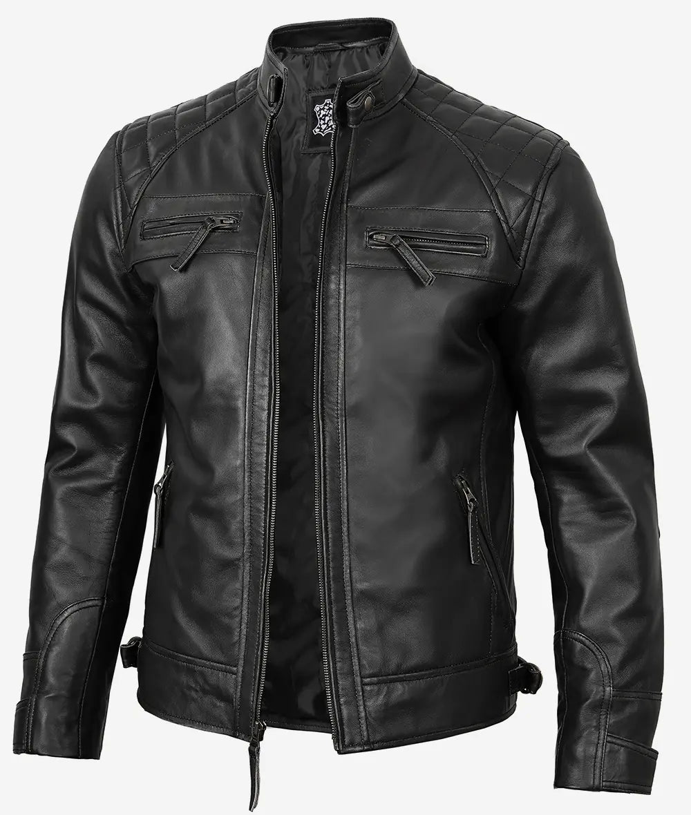 Men's Black Leather Quilted Cafe Racer Jacket image 0