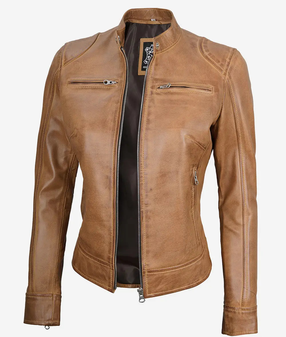 Women's Camel Real Leather Moto Jacket image 1