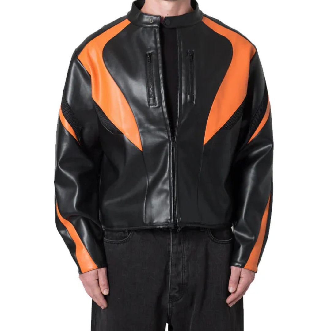 Men's Cropped Black Orange Biker Leather Jacket image 1