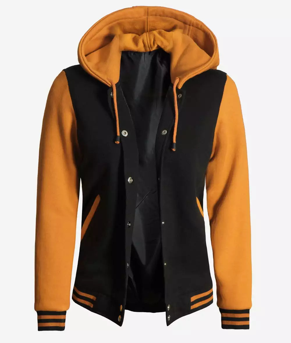 Women's Yellow and Black Hooded Varsity Jacket image 1
