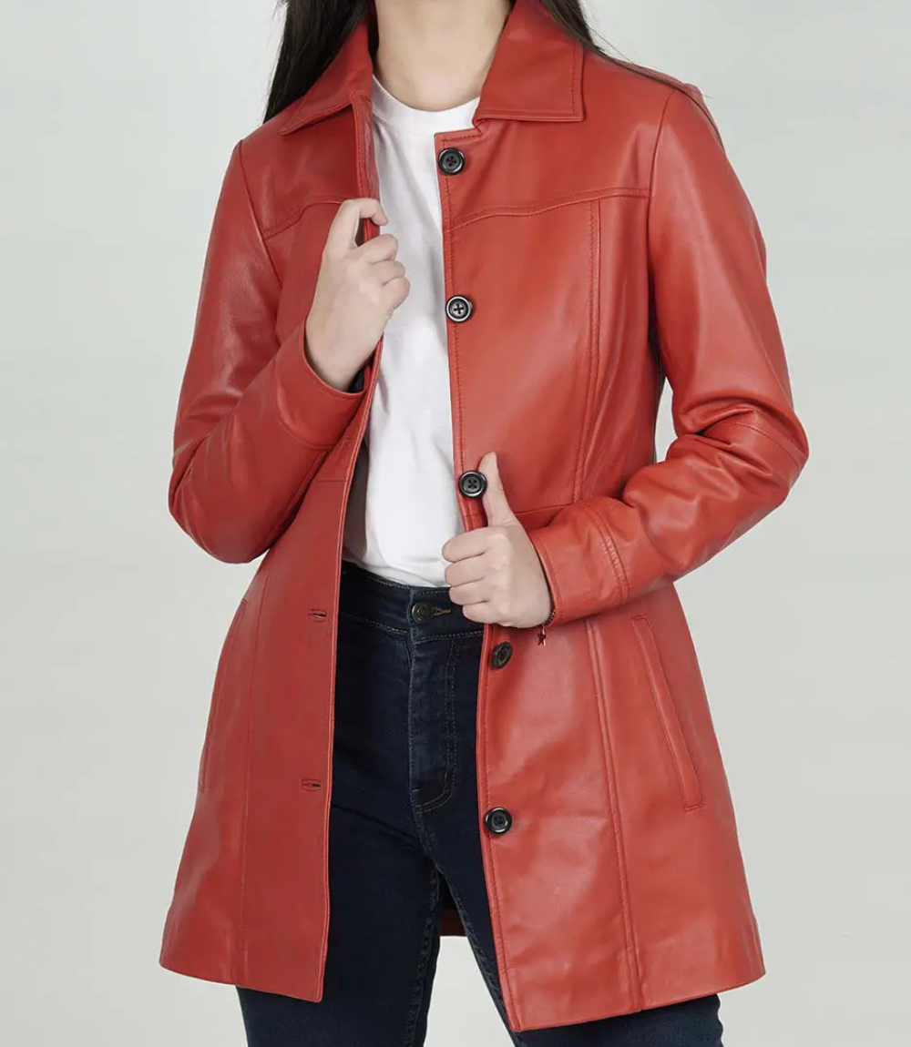 Women's Red Real Leather Coat image 1