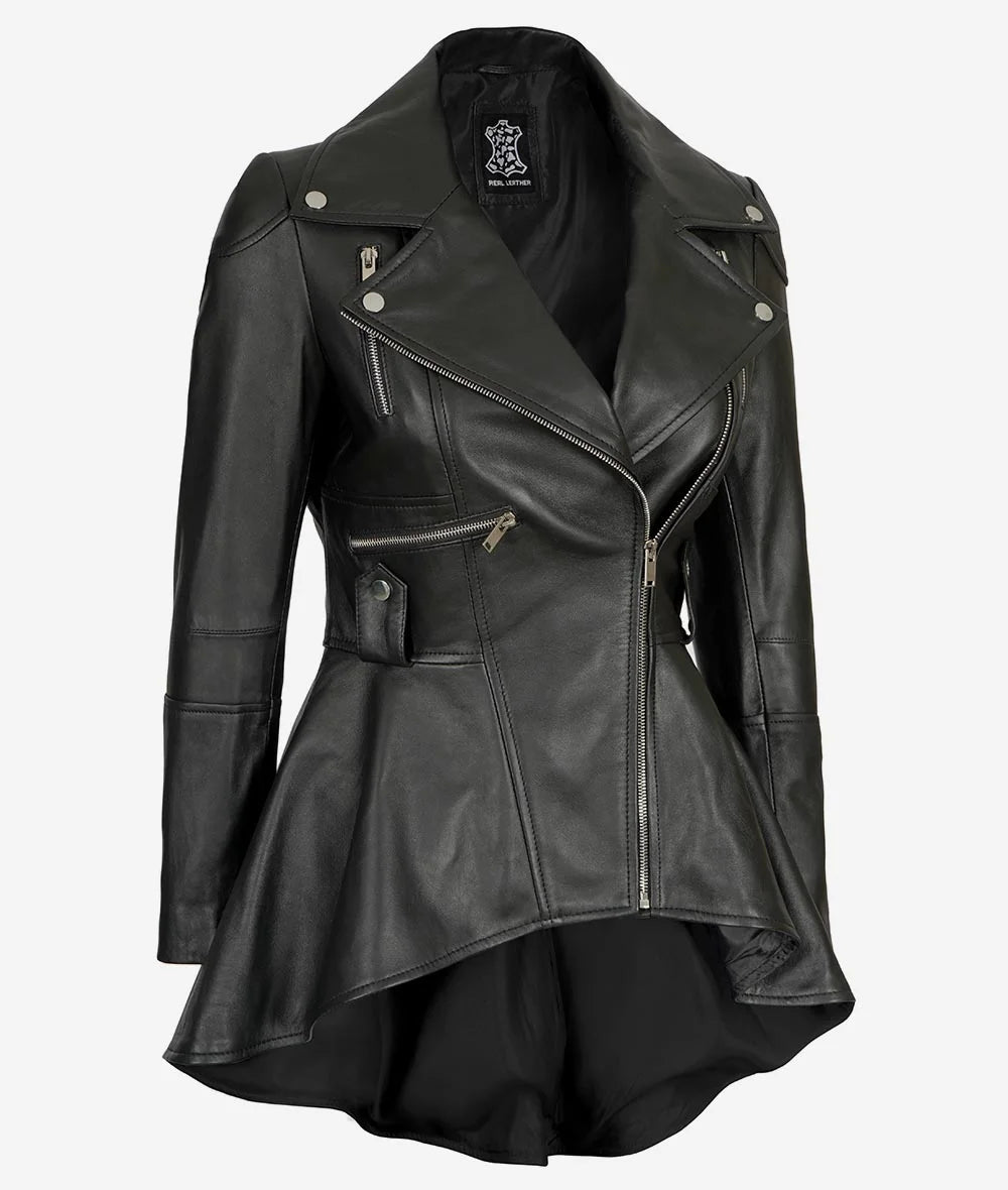 Women's Asymmetrical Peplum Black Leather Jacket image 1
