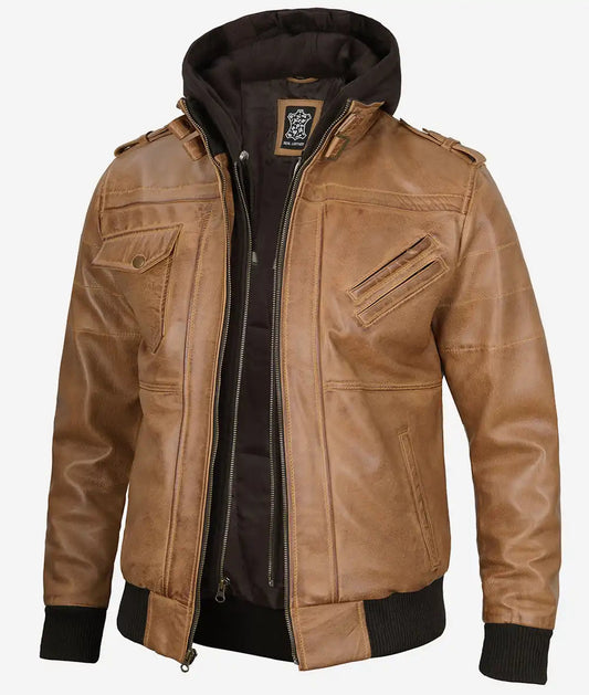 Men's Camel Brown Bomber Leather Jacket Removable Hood image 0