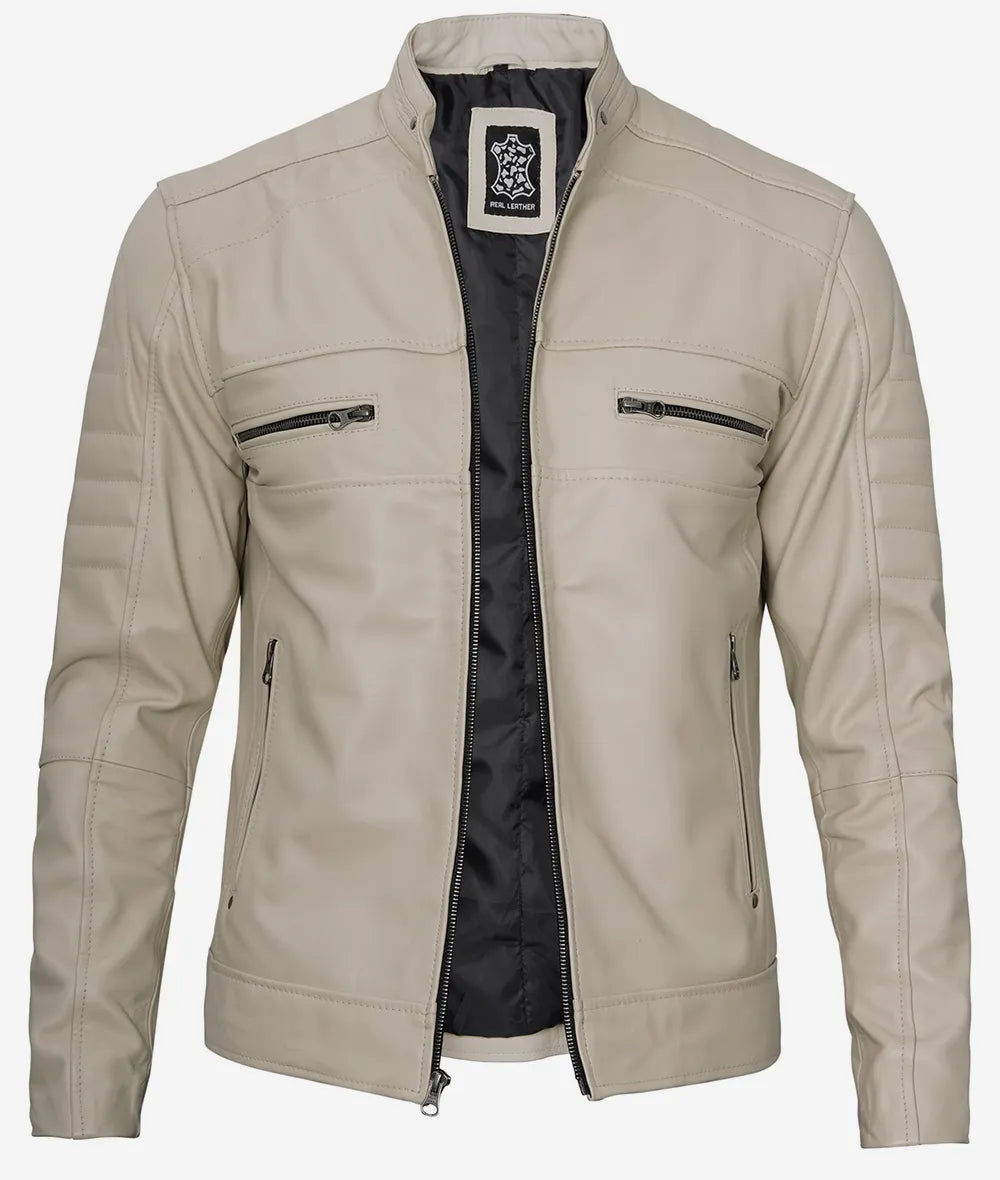Men's Classic Beige Cafe Racer Leather Jacket image 1