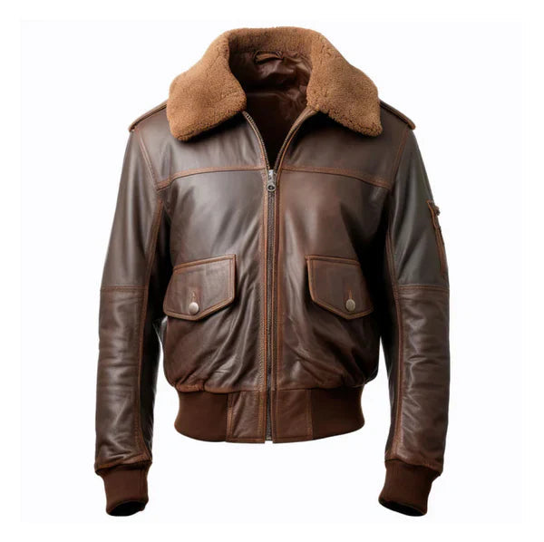 Men's Pilot Faux Shearling Lapel Brown Bomber Leather Jacket image 0