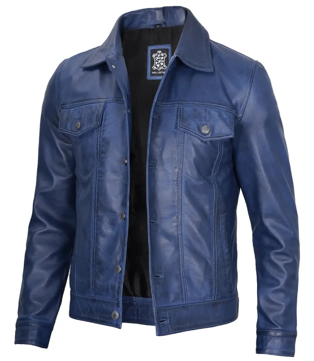 Men's Blue Real Lambskin Leather Trucker Jacket image 0