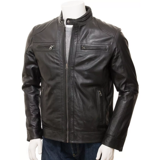 Black Leather Double Pockets Biker Jacket Men’s image 0