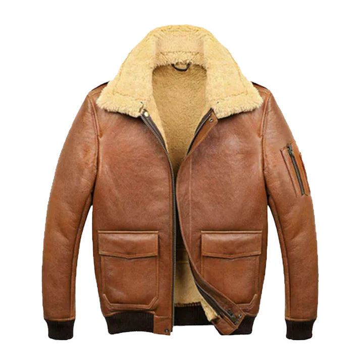 Men's A2 Aviator Camel Faux Shearling Bomber Leather Jacket image 0