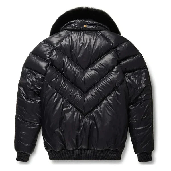 Men's V-Bomber Faux Shearling Black Leather Jacket image 1