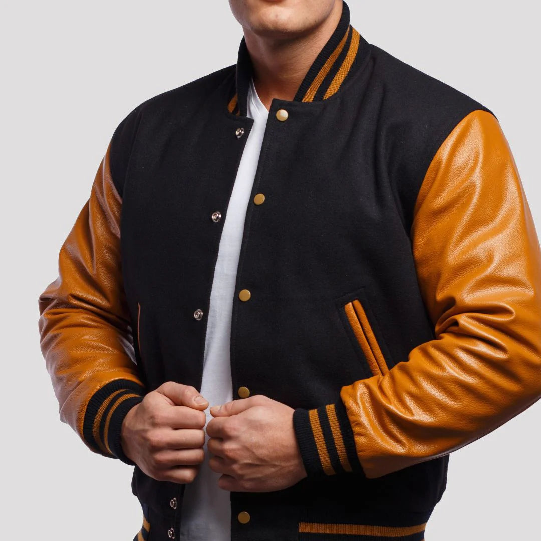 Black Wool Varsity Jacket with Old Gold Leather Sleeves image 0