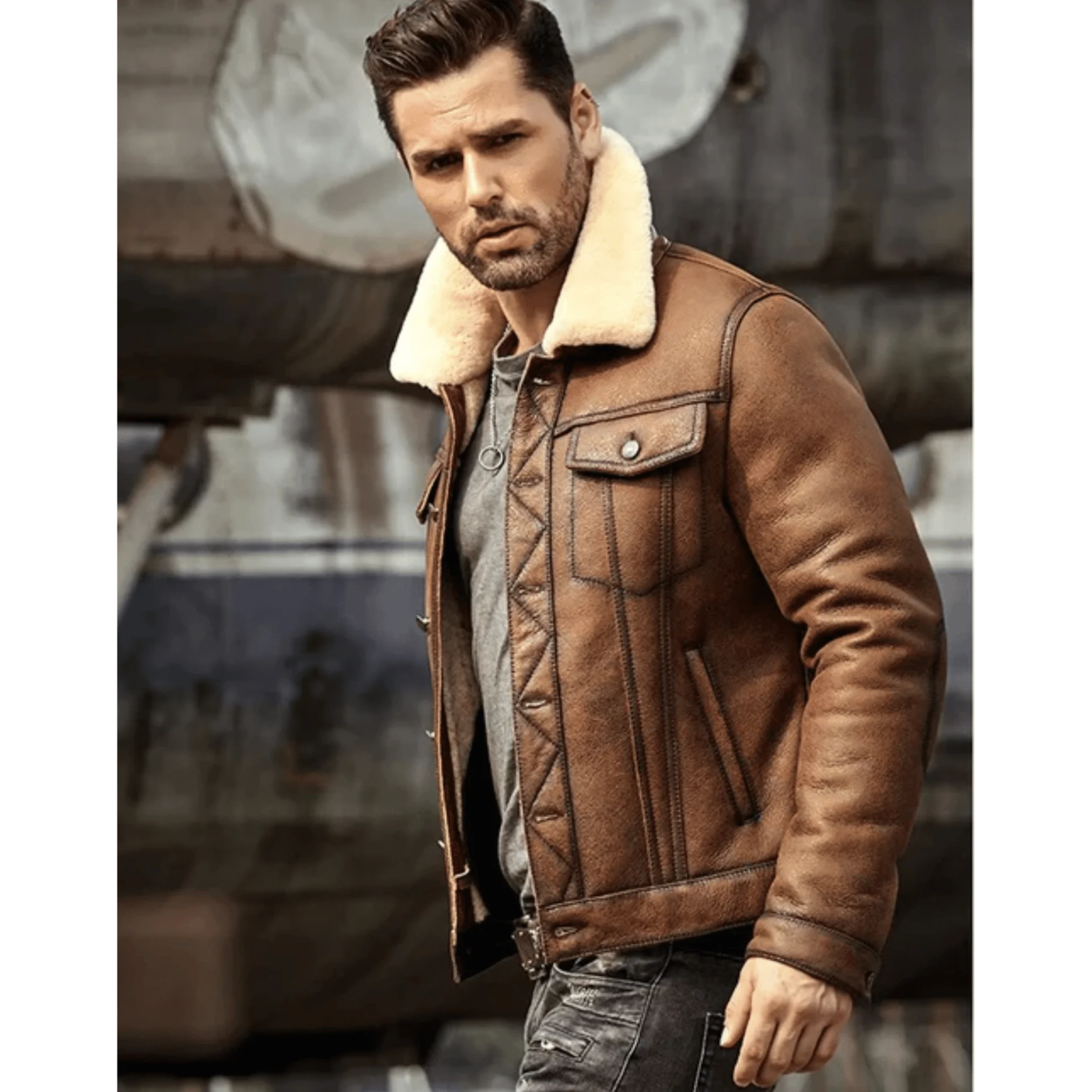 Mens Brown RAF B3 Shearling Leather Jacket image 1