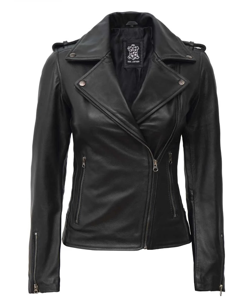 Women's Asymmetrical Black Biker Style Leather Jacket image 1