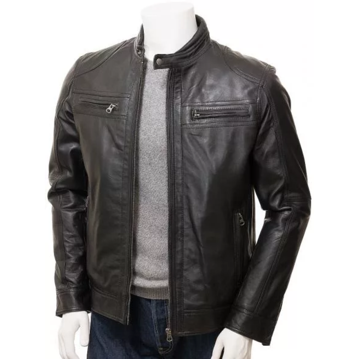 Black Leather Double Pockets Biker Jacket Men’s image 1
