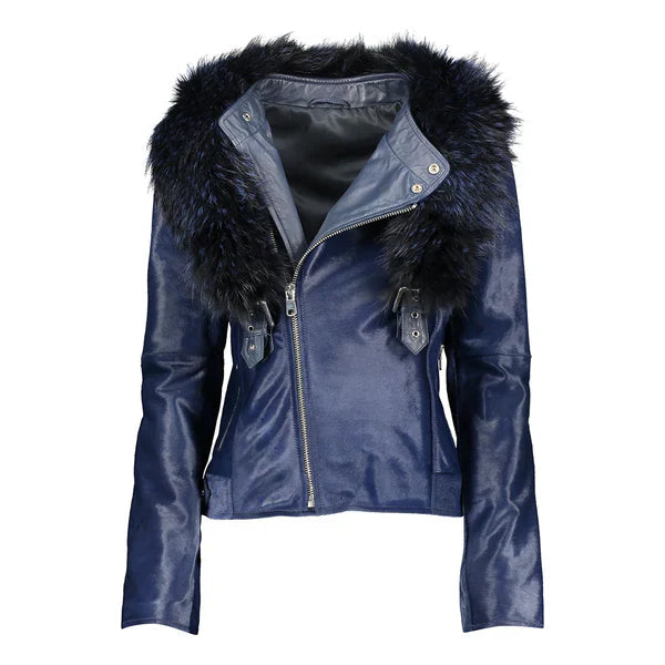 Women's Blue Tara Calf Faux Shearling Leather Jacket image 0