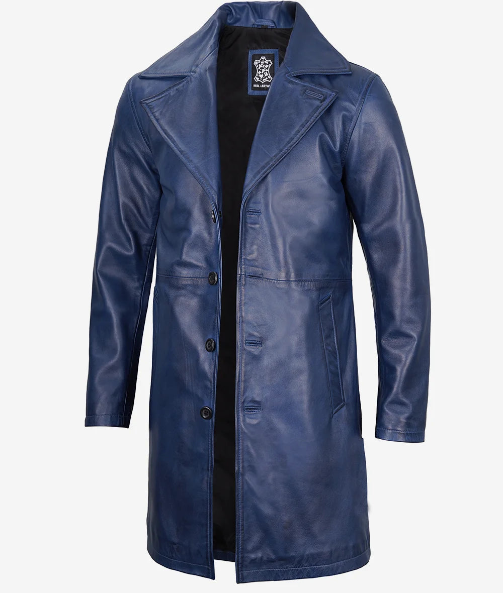Men's Blue 3/4 Length Real Leather Car Coat image 0