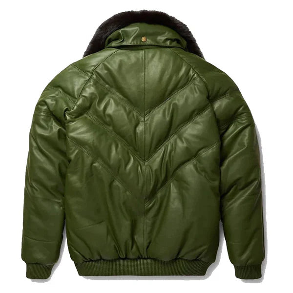 Men's V-Bomber Faux Shearling Green Leather Jacket image 1