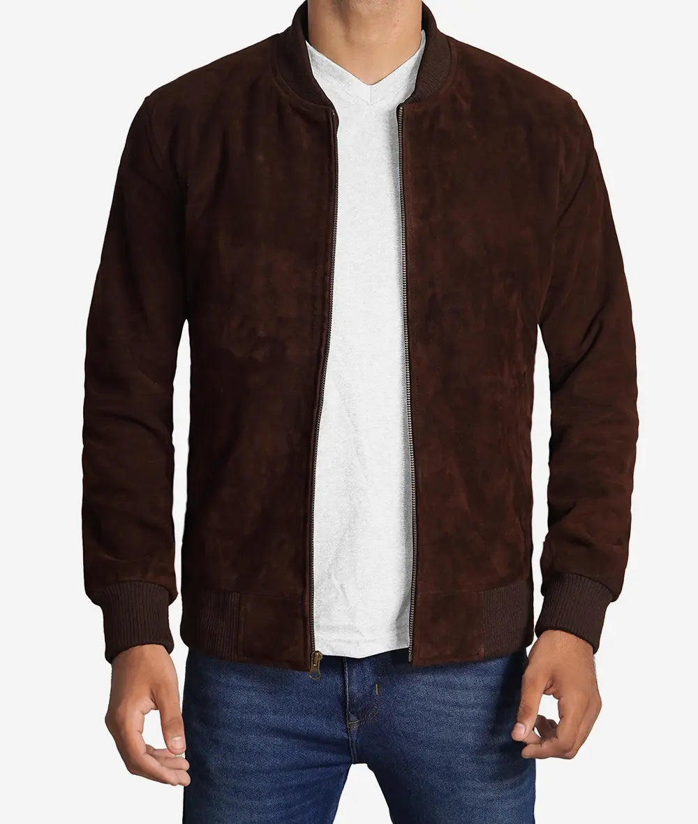 Men's Bomber Dark Brown Suede Jacket image 1