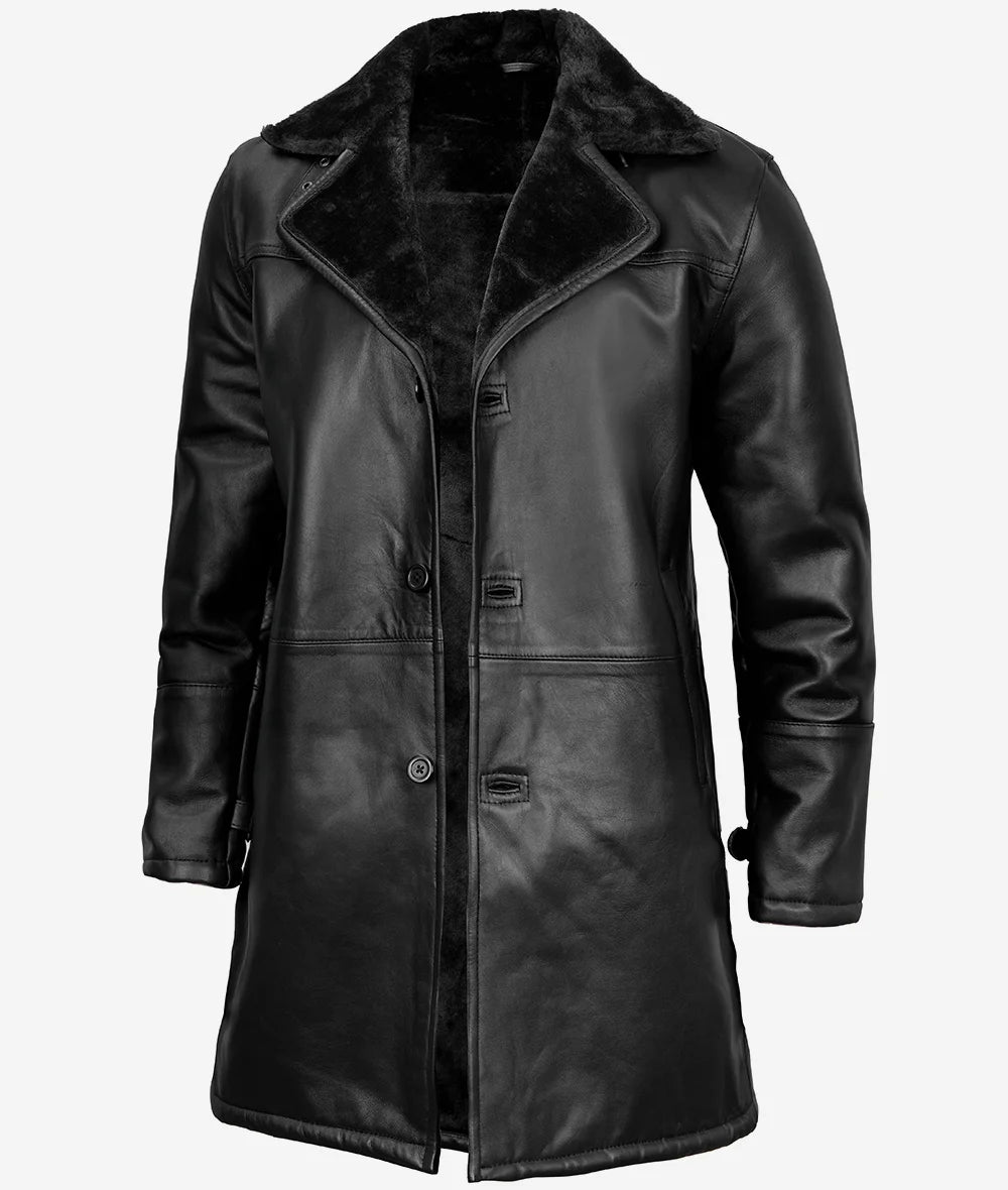 Men's Three-Quarter Black Shearling Leather Coat image 0
