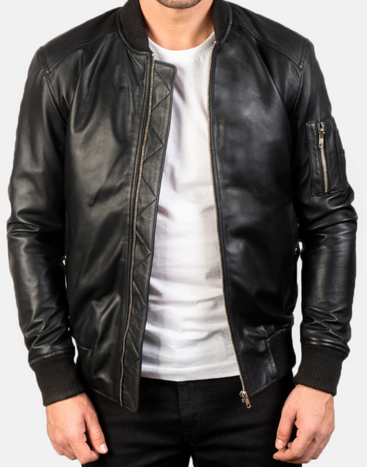 Bomia Ma-1 Black Leather Bomber Jacket image 0