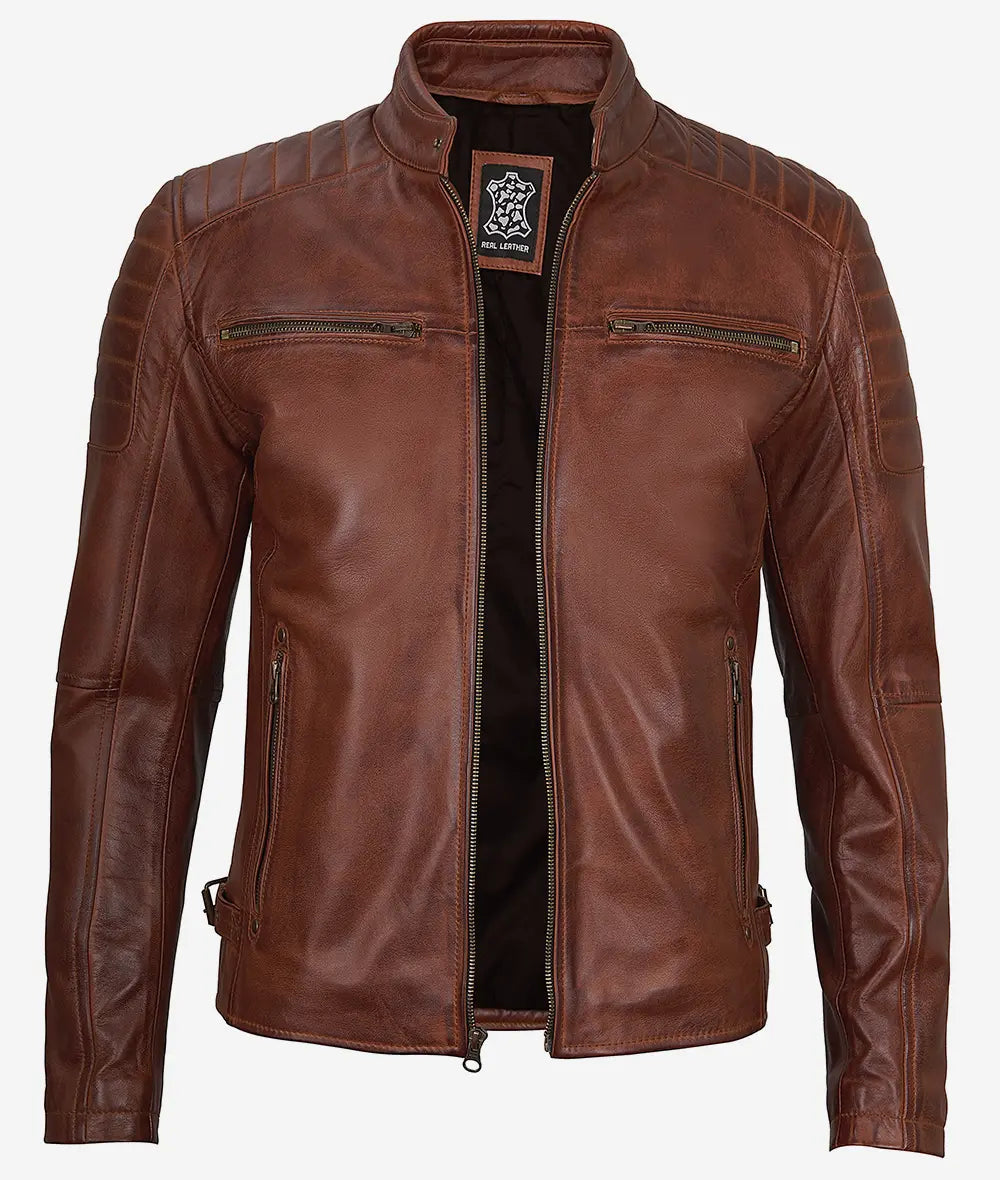 Men's Waxed Cognac Cafe Racer Real Leather Jacket image 1