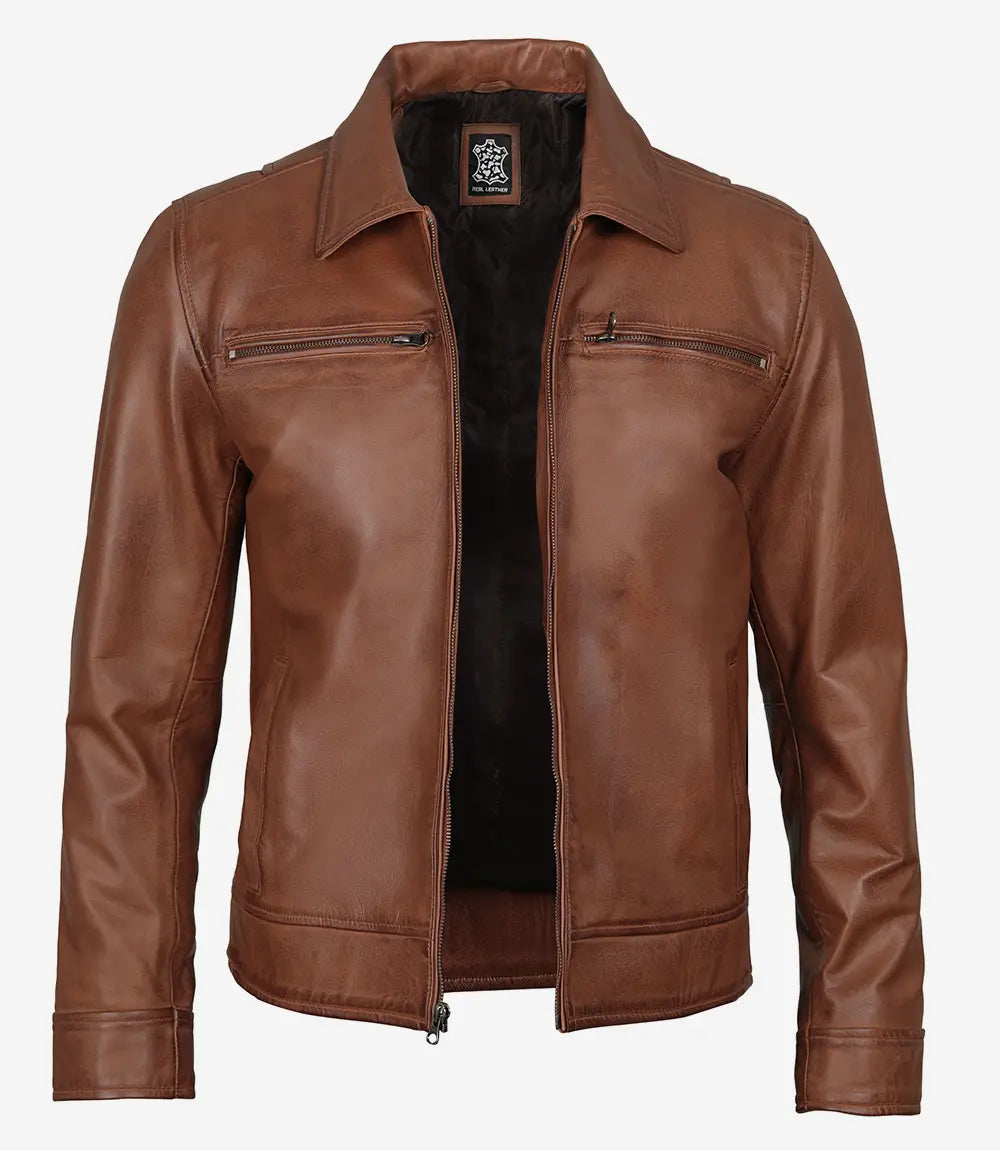 Men's Classic Cognac Shirt Collar Leather Jacket image 1