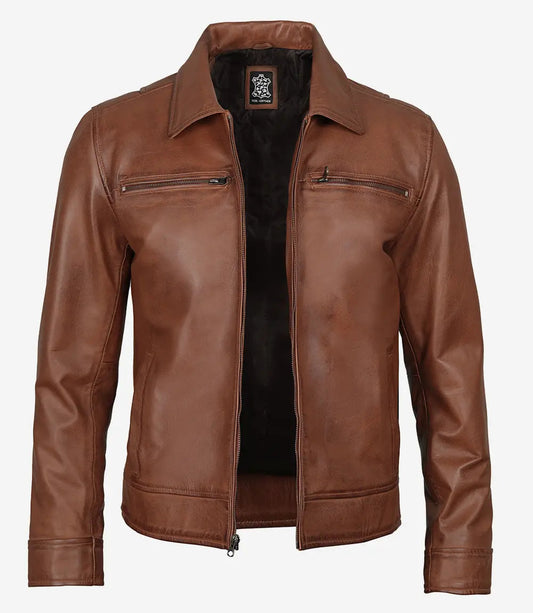 Men's Classic Cognac Shirt Collar Leather Jacket image 1