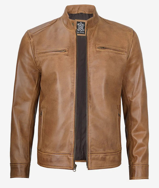 Men's Camel Brown Distressed Cafe Racer Real Leather Jacket image 0