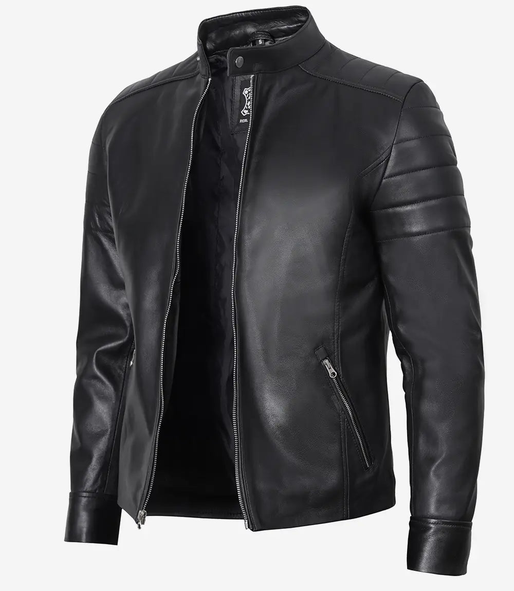 Men's Black Cafe Racer Real Leather Jacket image 0