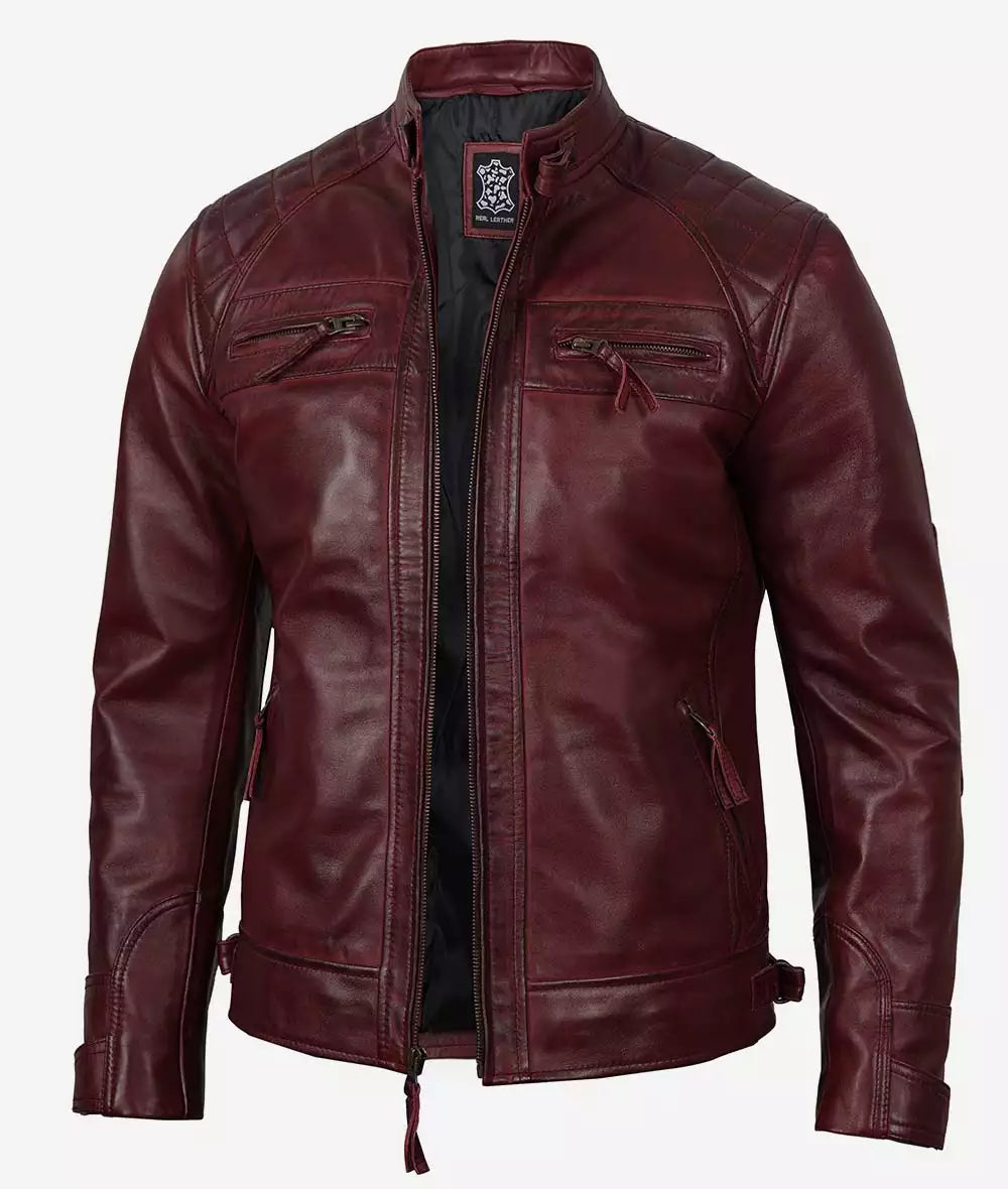 Men's Real Lambskin Leather Maroon Biker Jacket with Quilted Shoulders image 1