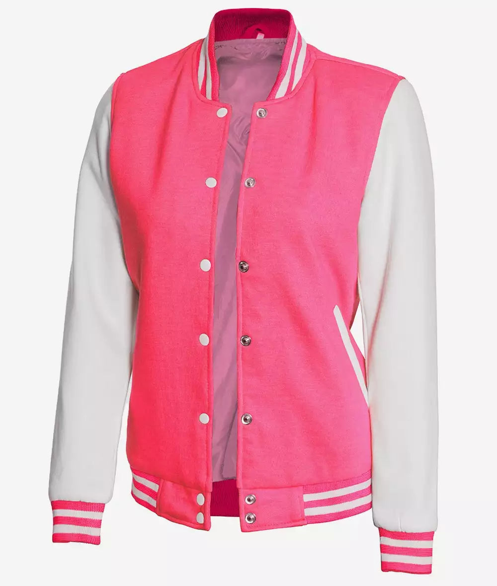 Women's Pink and White Varsity Jacket - Baseball Bomber Style image 1