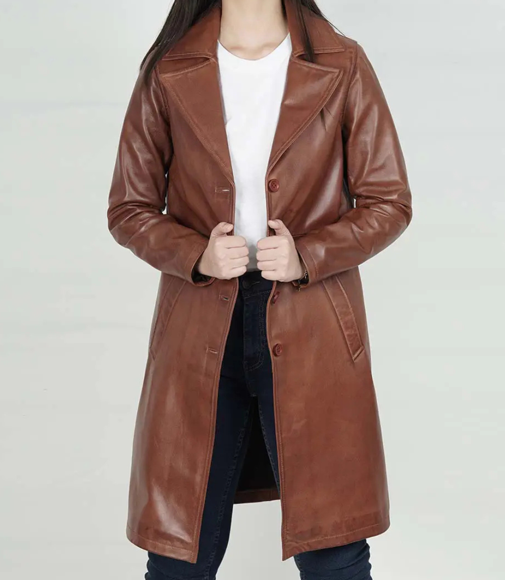 Women's Cognac Long Leather Car Coat image 1