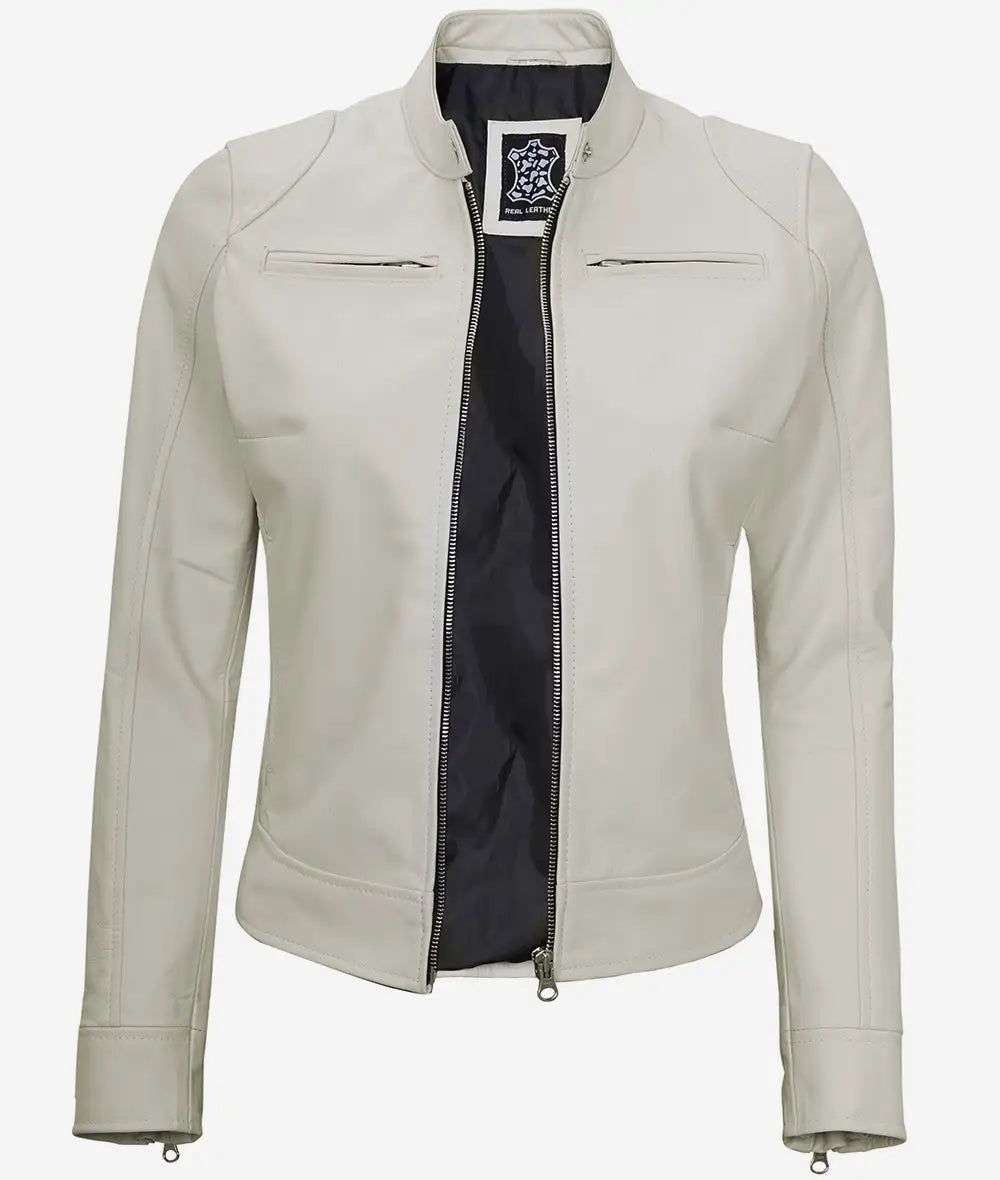 Women's Off White Cafe Biker Leather Jacket image 1