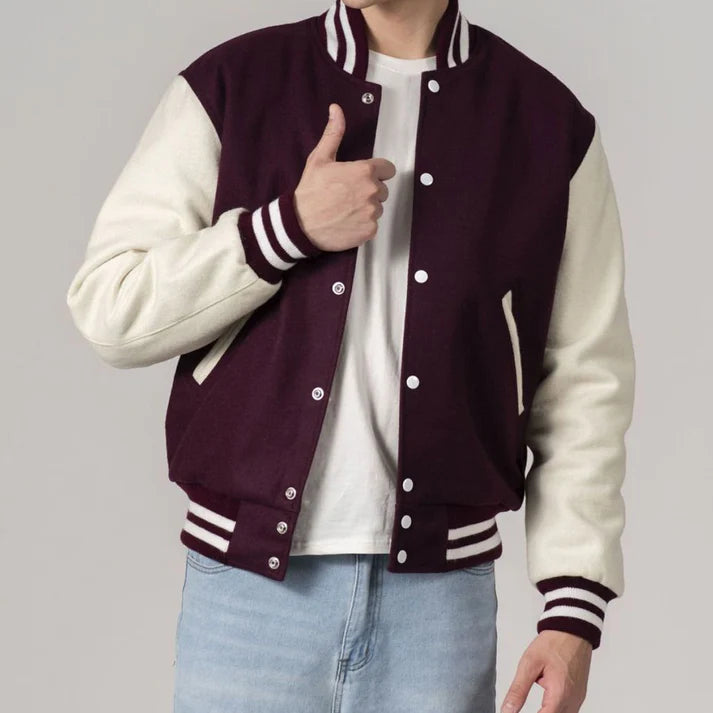 Men's Customizable Maroon & White All-Wool Varsity Jacket image 1