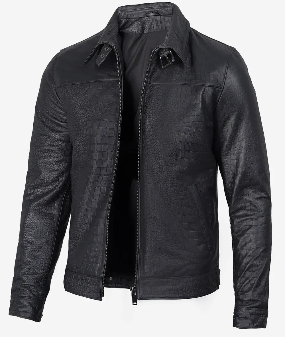 Men's Black Crocodile-Embossed Calfskin Bomber Jacket : GRANDEUR EDITION image 1