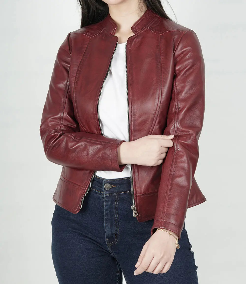 Women's Maroon Slim Fit Leather Jacket image 1