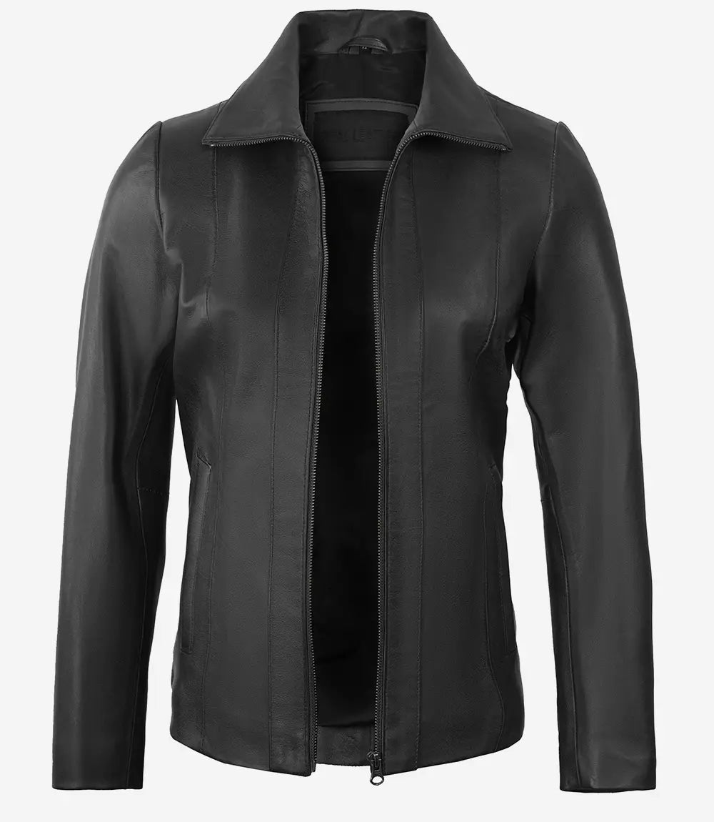 Women's Black Zipper Closure Lambskin Leather Coat image 1