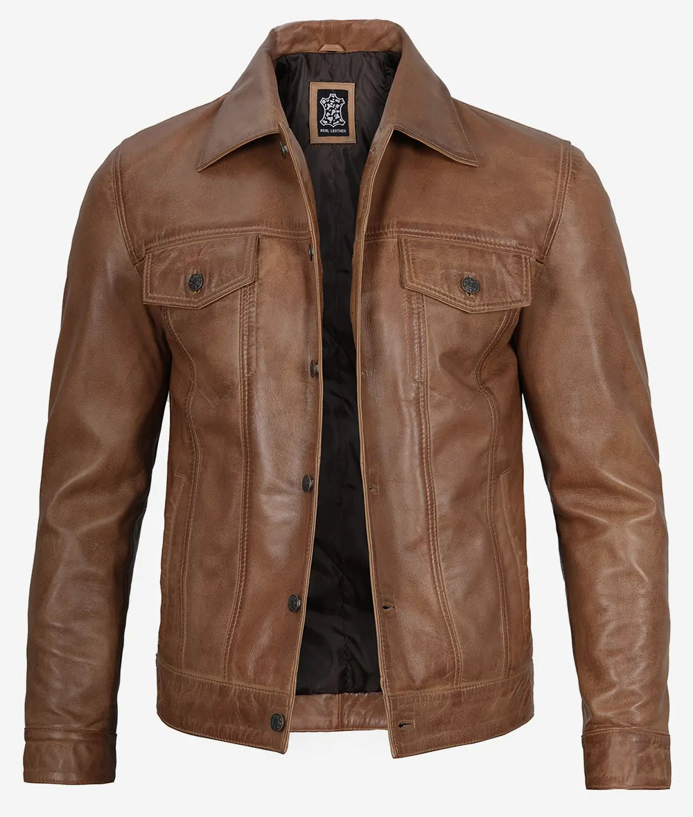 Men's Camel Brown Leather Trucker Jacket image 1