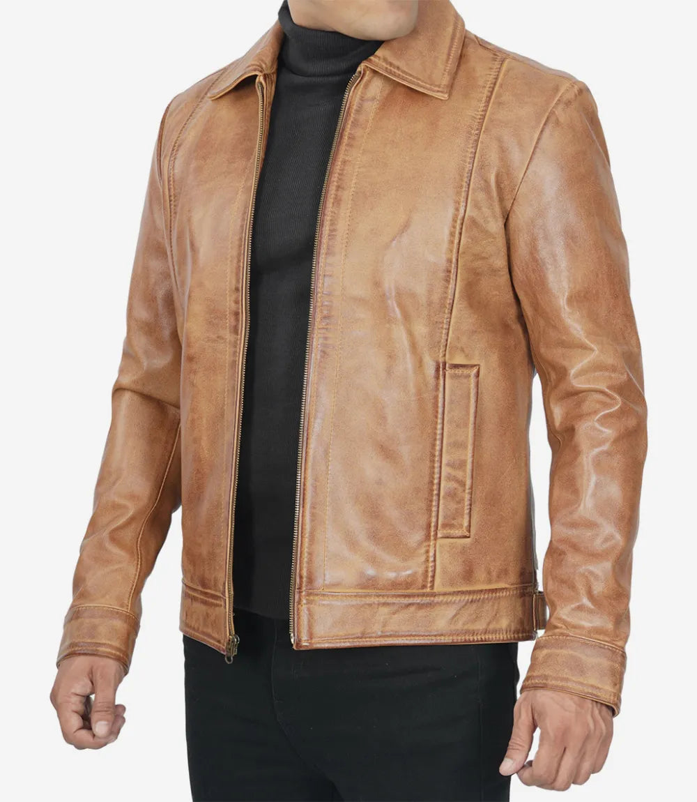 Men's Brown Shirt Collar Leather Jacket image 0