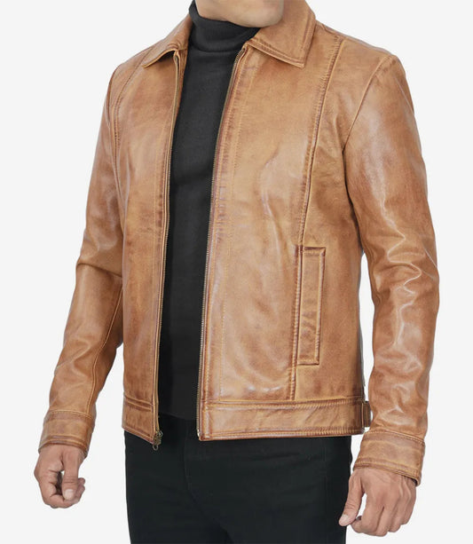 Men's Brown Shirt Collar Leather Jacket image 0