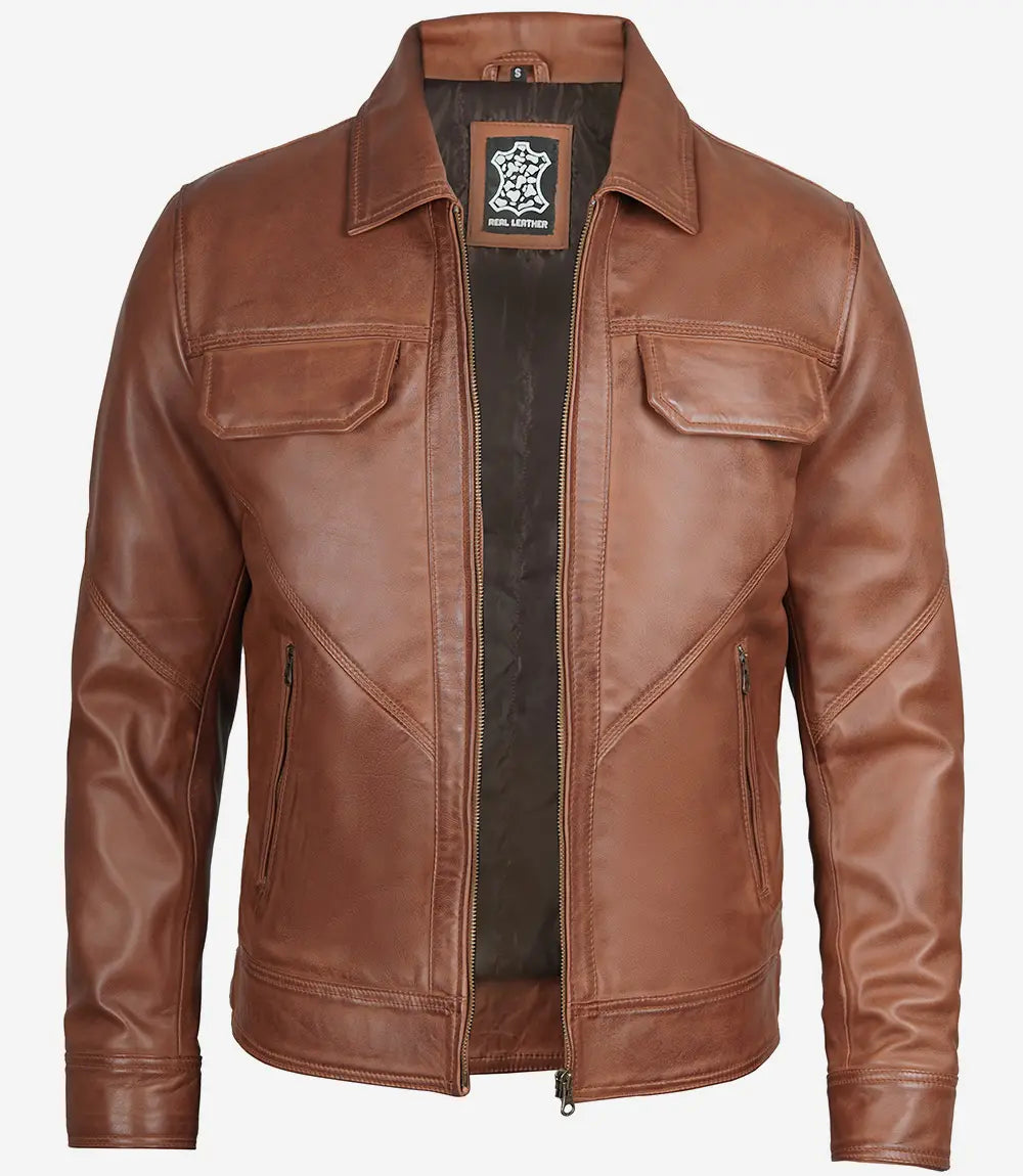 Men's Cognac Shirt Collar Trucker Leather Jacket image 1