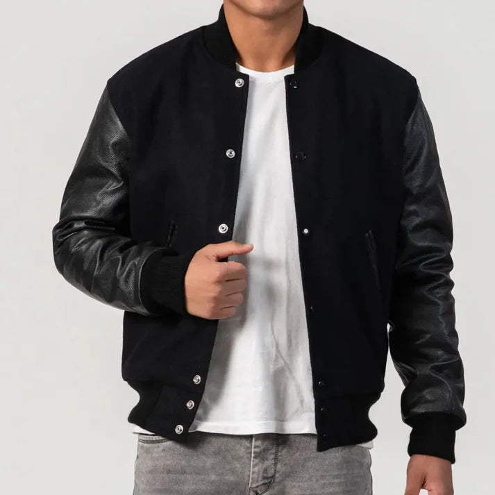 Black Wool Varsity Jacket with Black Leather Sleeves image 0