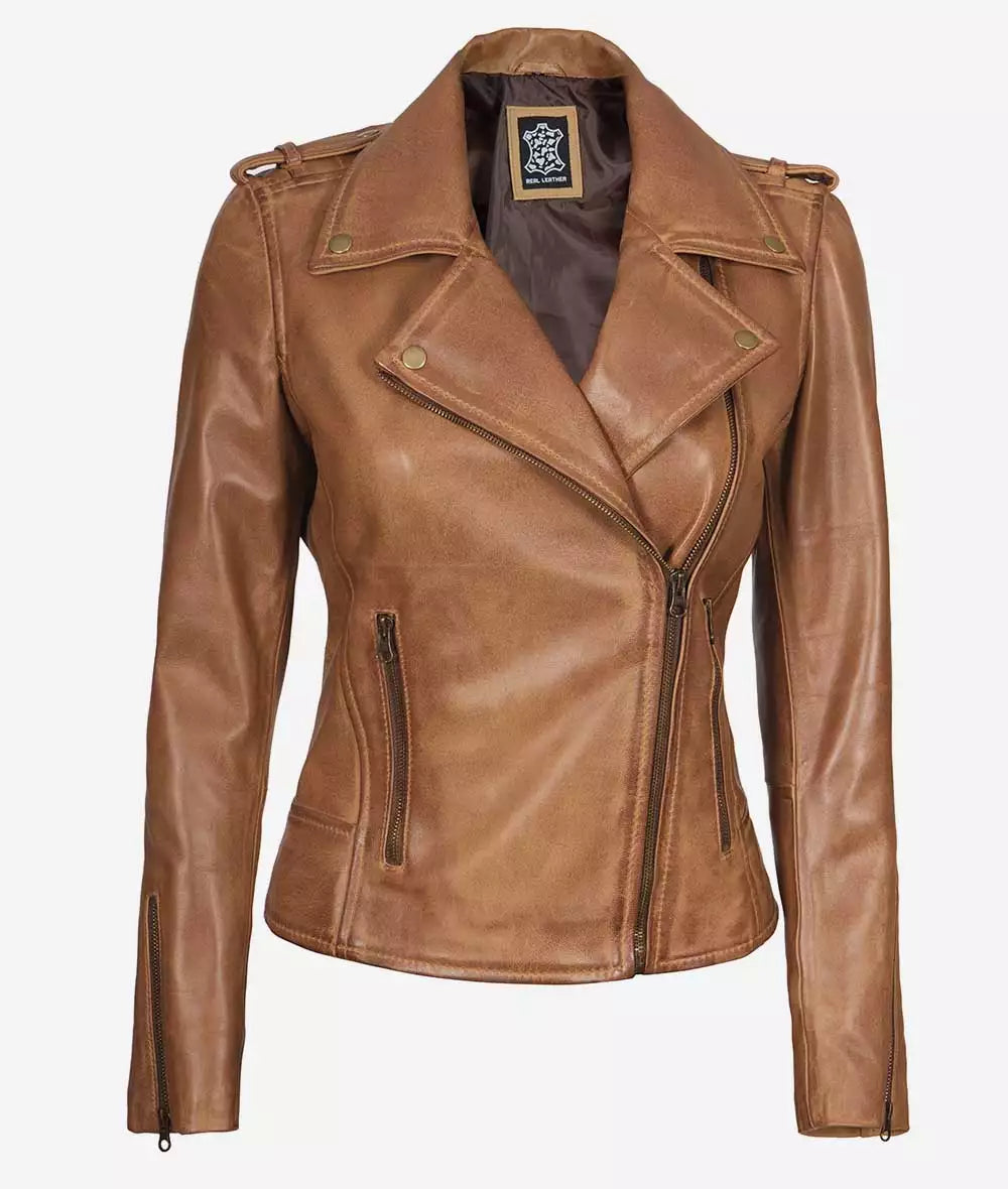 Women's Camel Brown Real Leather Moto Jacket image 1