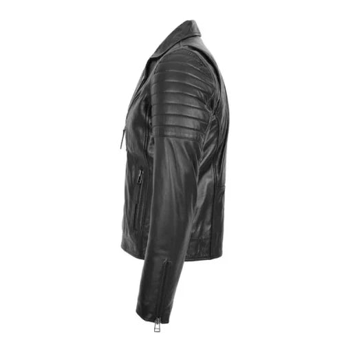 Men's Dual Zip Cross Black Biker Leather Jacket image 1
