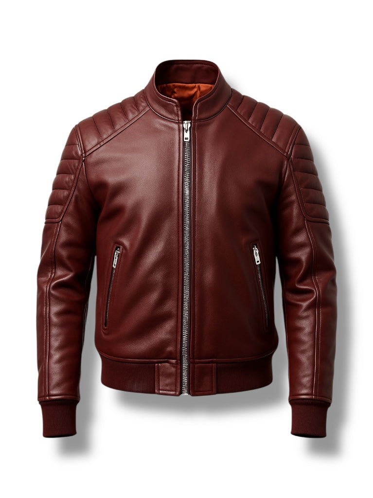 Maroon Padded Bomber Leather Jacket For Men.