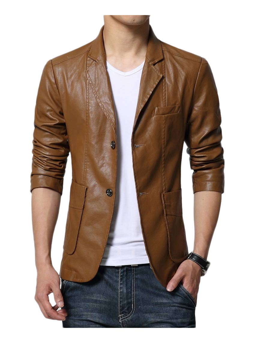 Casual Wear Slim Fit Brown Leather Blazer Men image 0